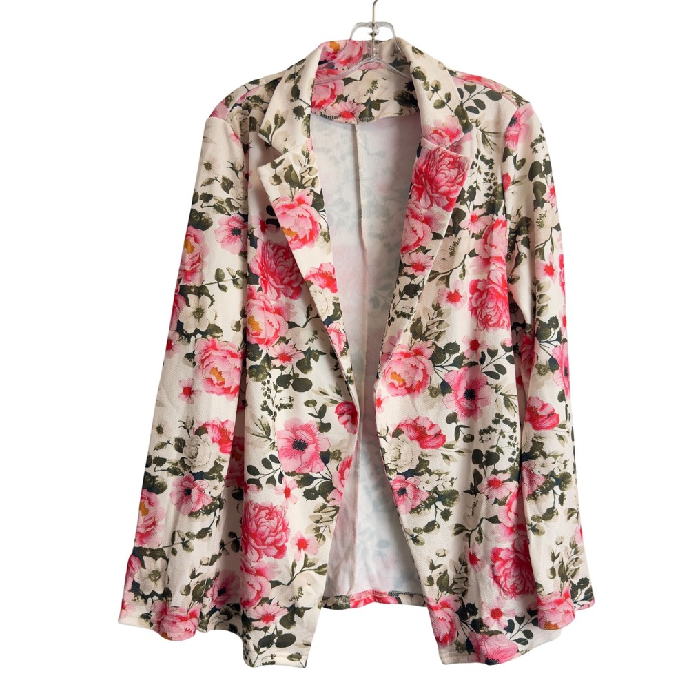 SHEIN Women Pink Floral Open Front Blazer Lightweight Crepe Jacket Large